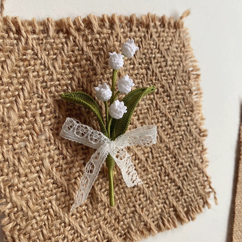 Lily of the Valley Brooch with Lace Ribbon | Micro Crochet