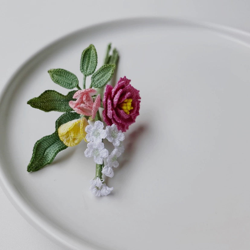 Tulips and Peony Bouquet Brooch | Micro Crochet